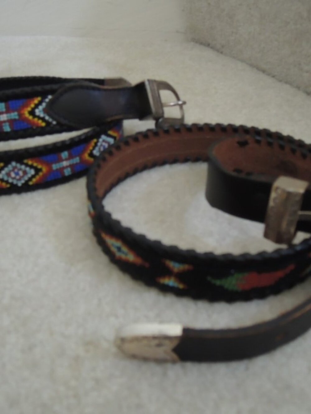 Belt - Black LEATHER + Multicolor Indian Bead Work Vtg Jackson Hole Western Look